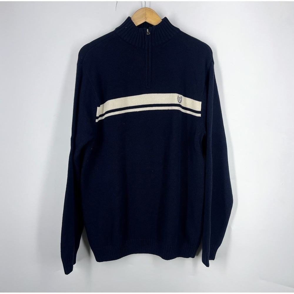 Chaps Mens Quarter Zip Sweater Navy‎ Blue White Stripe Cotton Knit Size M NWT
